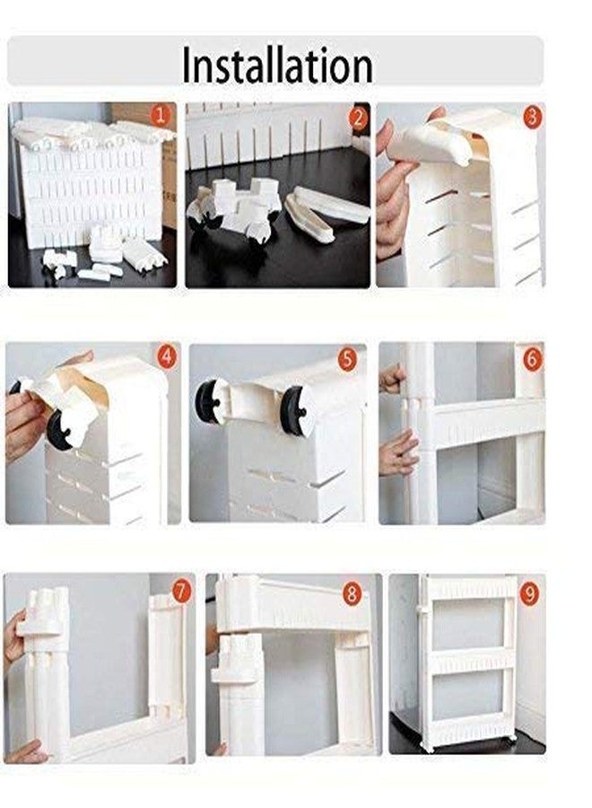 FAYBY رف تخزين جانبي رفيع بثلاث طبقات من فايبي لتوفير المساحة || رف تخزين بلاستيكي متعدد الأغراض رفيع للمطبخ مزود بعجلات للمنزل وغرفة النوم والحمام (أبيض) - Image 3